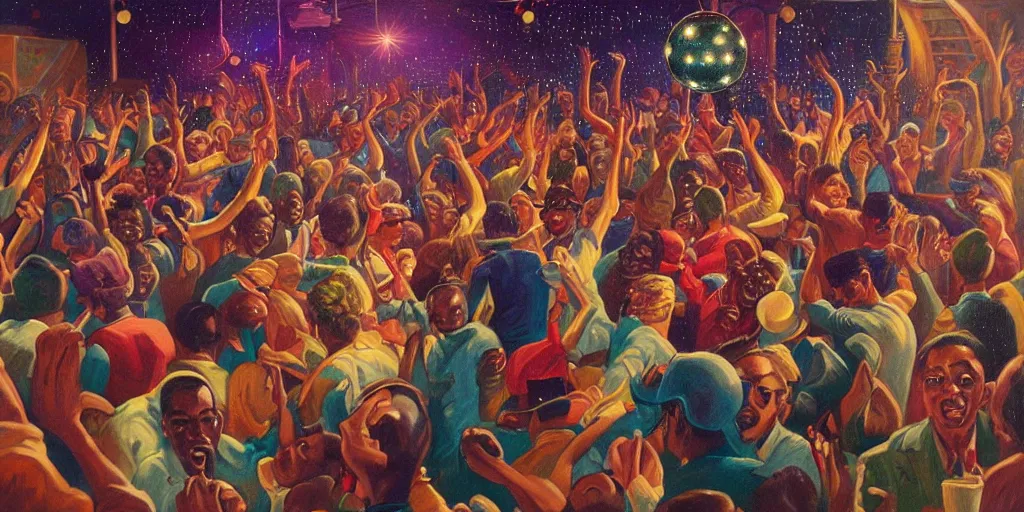 Image similar to a crowd of people dancing underneath a disco ball, painting by ernie barnes, super - detailed, a lot of tiny details, fullshot