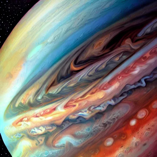 Image similar to jupiter, concept art, illustrated, highly detailed, high quality, bright colors, optimistic,