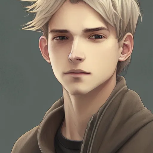 Image similar to young man with short, ash blond greyish hair, light brown eyes, casual clothes, relaxing, happy, path traced, highly detailed, high quality, digital painting, by studio ghibli and alphonse mucha, leesha hannigan, beautiful details, soft and warm