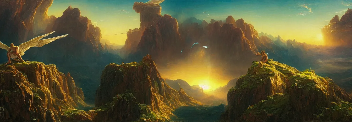 Prompt: Icarus with his wings on fire crashed and burned on the side of a mountain while Daedalus bows his head in disbelief from his workshop in the mountains below. in the style of a surreal and awe-inspiring thomas cole and bruce pennington digital art panorama landscape painting at sunset. unreal engine, 4k, matte, exquisite detail