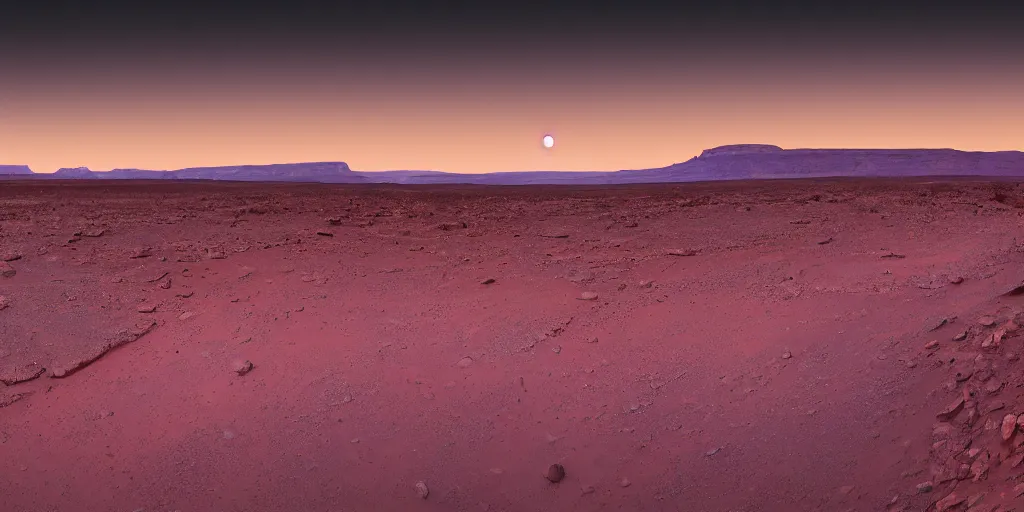 Image similar to a ground - level view of a river bend running through a canyon surrounded by desert mountains at sunset on mars, purple sky, two moons, planet mars, moab, utah, a tilt shift photo by frederic church, trending on unsplash, hudson river school, photo taken with provia, national geographic photo