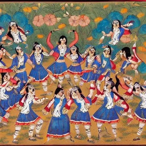 Image similar to a persian miniature painting, cheerleaders dancing, high detail, high quality, hd