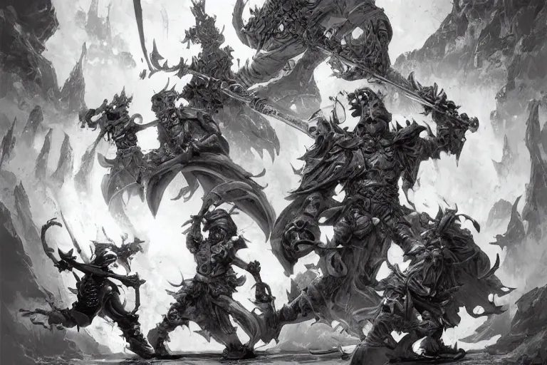 Image similar to black and white point perspective dungeon cozy fantasy dungeon clean battle mages are fighting a group of fire trapmasters,by artgerm and Craig Mullins, James Jean, Andrey Ryabovichev, Mark Simonetti and Peter Morbacher 16k