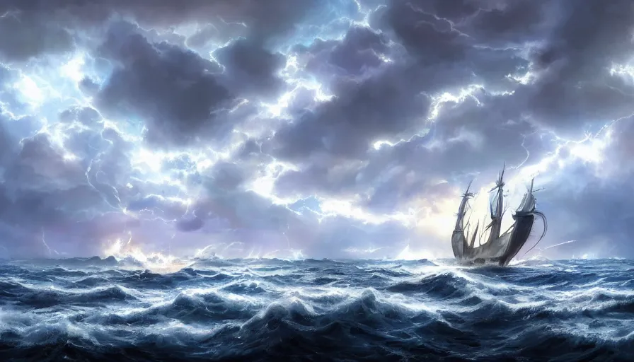 Image similar to ship from one piece sailing, dynamic sky, storm sky, with light piercing through stormy clouds, birds near the ship, rough sea, crepuscular rays, volumetric lighting, pixiv art, cgsociety, highly detailed, anime art, greg rutkowski, symmetrical, artgerm, wlop, anime art