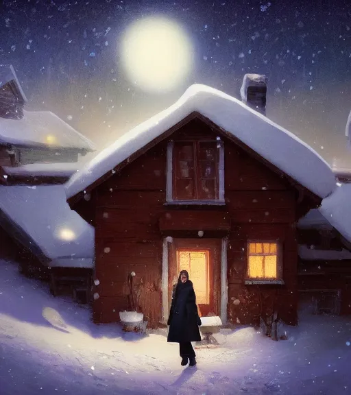 Prompt: full body portrait of a beautiful girl in a coat and bra, snow - covered small house in a background, night, stars in the sky, the milky way in the sky, winter landscape, painting by craig mullins, octane rendering, wide angle lens, in the style of hayao miyazaki, trending on artstation,