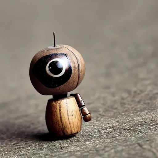 Image similar to an absolutely adorable tiny wooden robot has fallen in love with an acorn, octane, tilt shift, hearts, googly eyes, twee