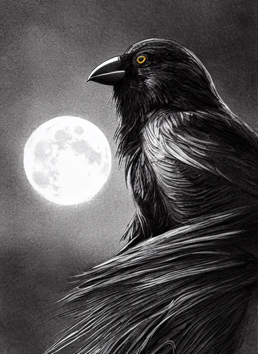 Image similar to portrait, A crow in front of the full big moon, book cover, red white and black colors, establishing shot, extremly high detail, foto realistic, cinematic lighting, pen and ink, intricate line drawings, by Yoshitaka Amano, Ruan Jia, Kentaro Miura, Artgerm, post processed, concept art, artstation, matte painting, style by eddie mendoza, raphael lacoste, alex ross