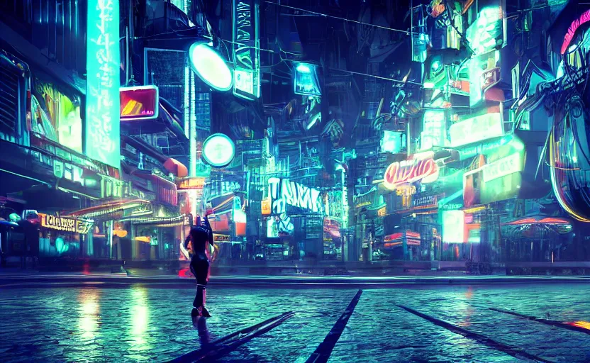 Image similar to you are looking for a giant of 1 km of hight walking on the small city, tron, close up bokeh hiperrealistic neon glow darkness dramatic neon, sharp focus, octane render, imax