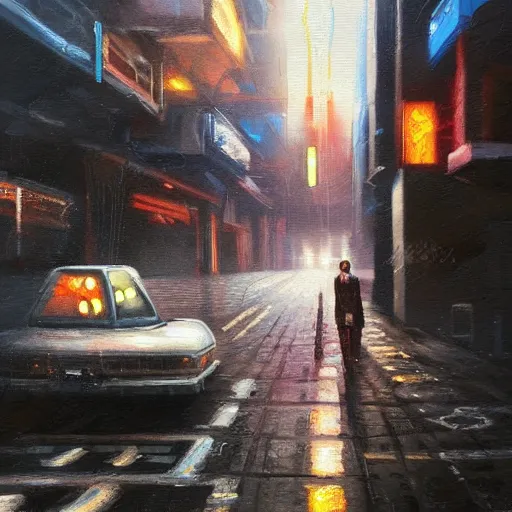 Image similar to car light far away on the cyberpunk street, future, old oil painting