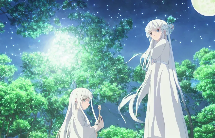 Image similar to Illyasviel holding floating green crystal | ghibli clover | Big Moon at Blue Night | Trees with white flowers | bioluminescent blue FLOWERS | strong blue rimlit | visual-key | anime illustration | highly detailed High resolution | Light Novel | Visual Novel | Gosick
