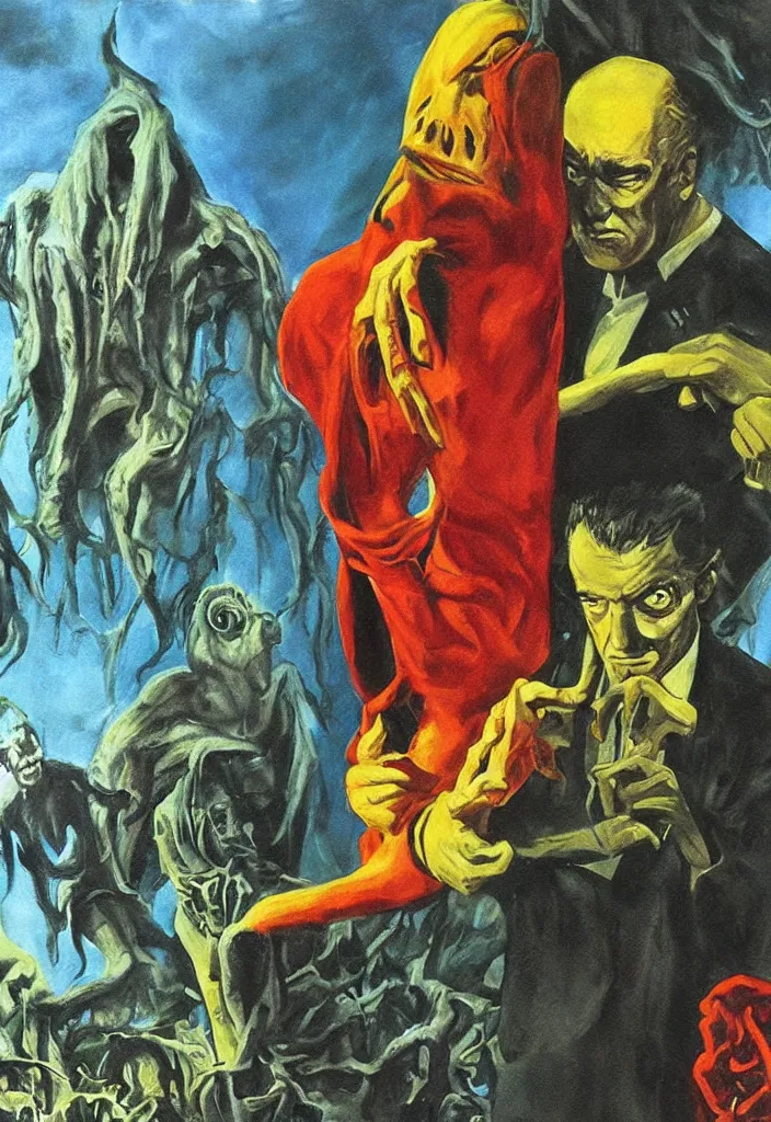 Prompt: mario bava giallo poster a call of cthulhu detail realistic painting, technicolor