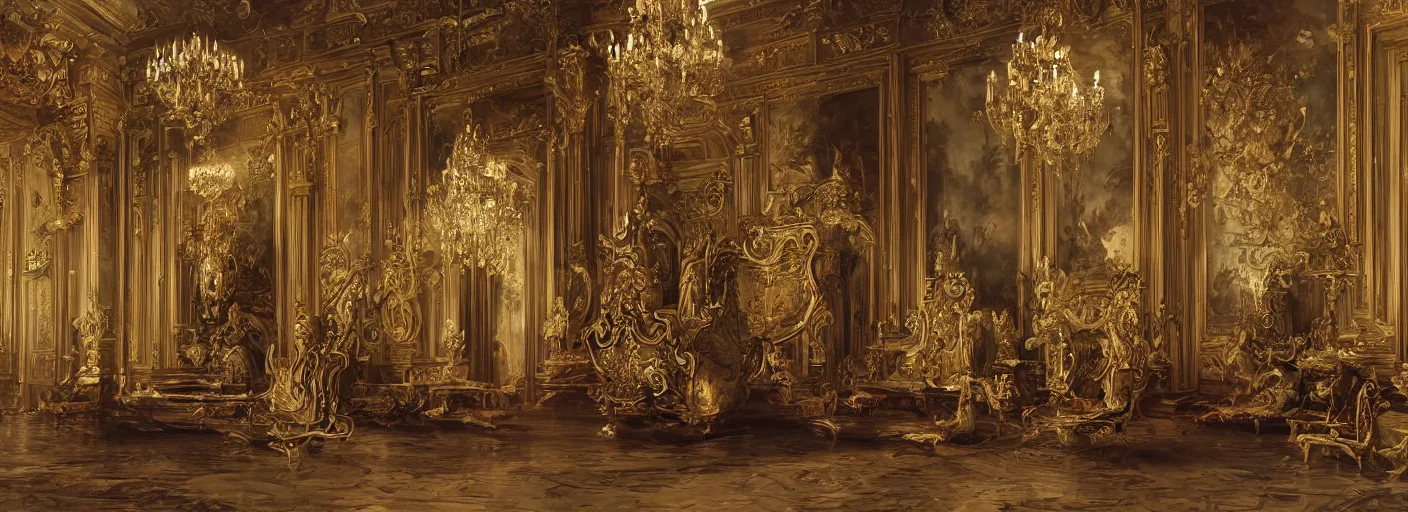 Prompt: 8 k highly detailed oil matte painting by charles landelle of an art gallery wall with many oil paintings, decadent throne room, ornate furniture, ornate french architecture, futuristic chandeliers