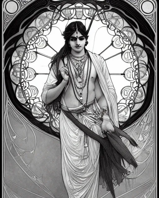 Image similar to amazing lifelike award winning pencil illustration of Krishna in style of Alphonse Mucha, trending on art station artgerm Greg rutkowski alphonse mucha cinematic, epic Lighting