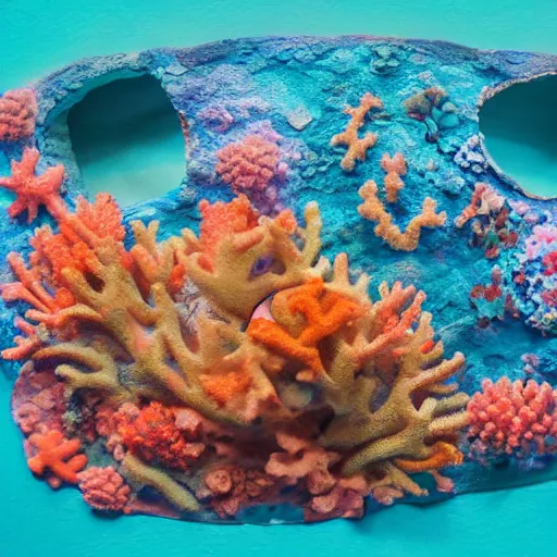 Image similar to a coral reef painted on a plaster mask, photography, highly detailed, high saturation, minimalistic, 4k