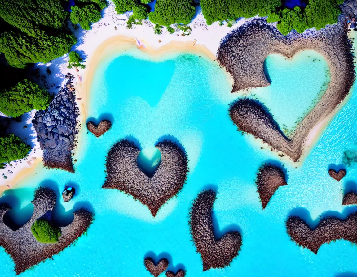 Image similar to closeup shot photo of ultra realistic blue lagoon with exotic tree heart / shaped sandy beach island, sunset lighting