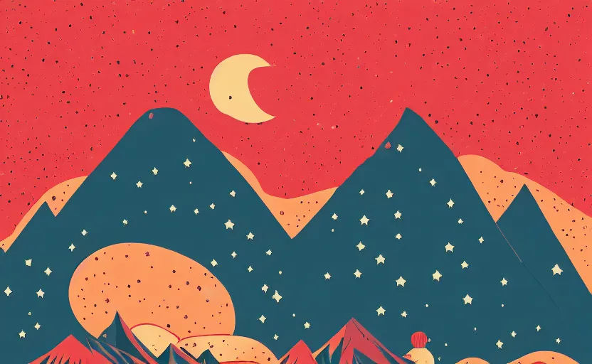 Prompt: mountains, stars and paisley filled sky, artstation, intricate, highly detailed, digital painting, concept art, sharp focus, illustration by Tom Whalen and Kilian Eng