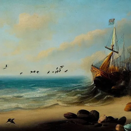 Prompt: A coast with sand and small rocks with a blue sky and a troubled sea and an old sailing ship on the horizon and in the sky is a flock of birds flying southwards, painted in oil colours, in the style of Frants Landt