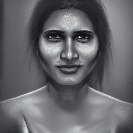 Prompt: indian cyberpunk woman with an elated expression, chiaroscuro portrait