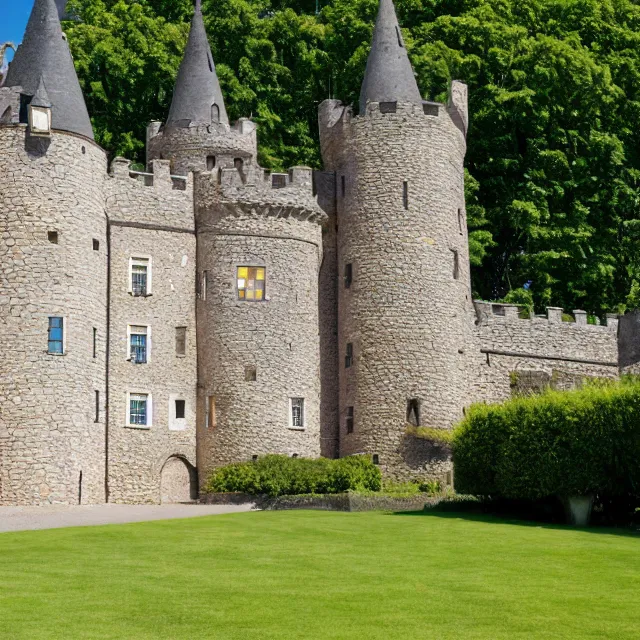 Prompt: hyper realistic photo, looking close up at a well maintained castle from the front gate courtyard on a sunny day