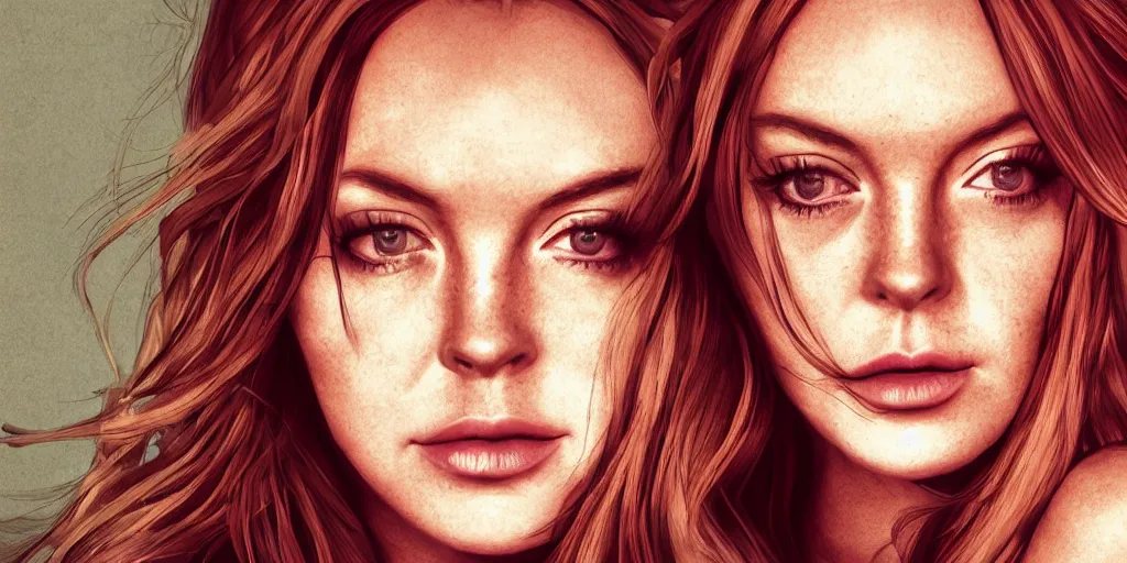 Prompt: a lindsay lohan, vibrant,, 5 0 mm lens, lineart behance hd, dramatic lighting, global illumination, trending on artstation, bloom