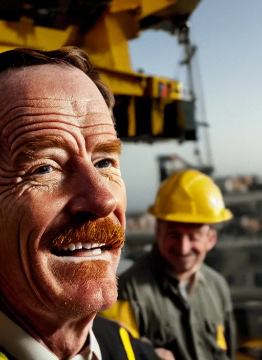 Prompt: closeup portrait of cheerful bryan cranston as a crane operator, yellow hardhat, natural light, bloom, detailed face, magazine, press, photo, steve mccurry, david lazar, canon, nikon, focus