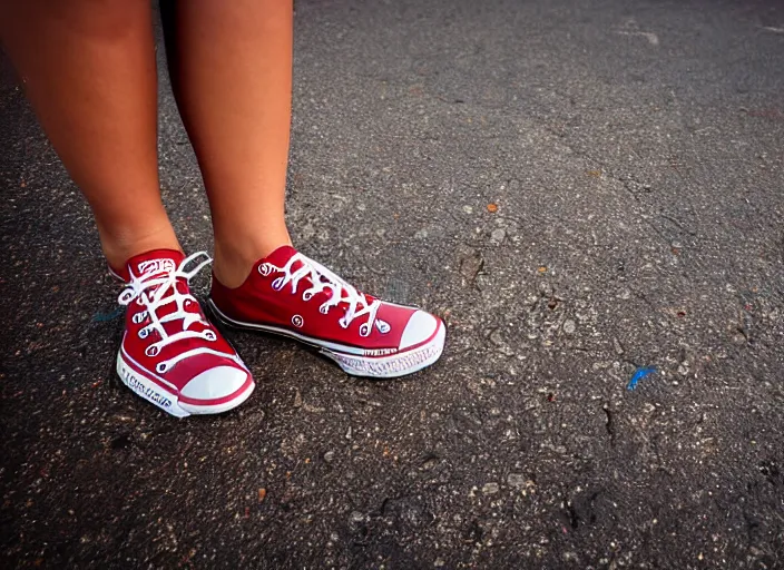 Image similar to side view of the legs of a woman hook sitting on the ground by a curb, very short pants, wearing red converse shoes, wet aslphalt road after rain, blurry background, sigma 8 5 mm