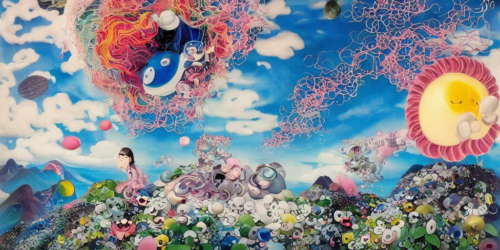 Image similar to !dream The Portuguese Man o' War Comes Down From The Mountain painting by Chiho Aoshima, Takashi Murakami, Yoshitomo Nara, Huang Yuxing and Aya Takano , Superflat art movement, chibi, soft pastel colors, very ethereal, soft glow, black box by Max Ernst The Scarlet Black Box, a rare and early work of Marth Rothko, omnious, sad, surrealism