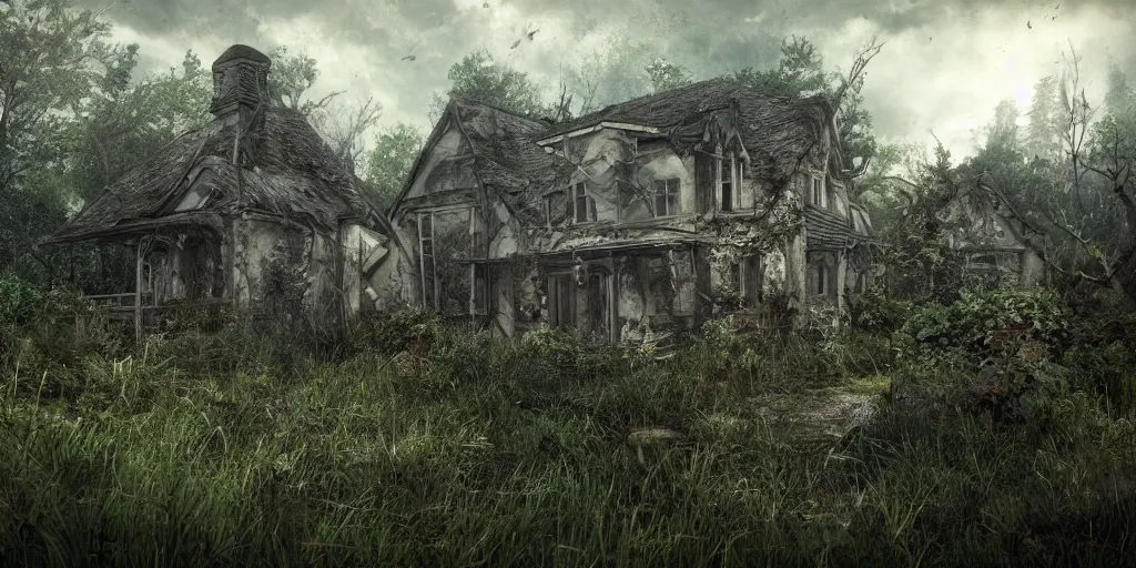 Image similar to photorealistic ruined cottage, overgrown vegetation, apocalypse, shadowy creatures, hyperrealistic, grimdark, artstation