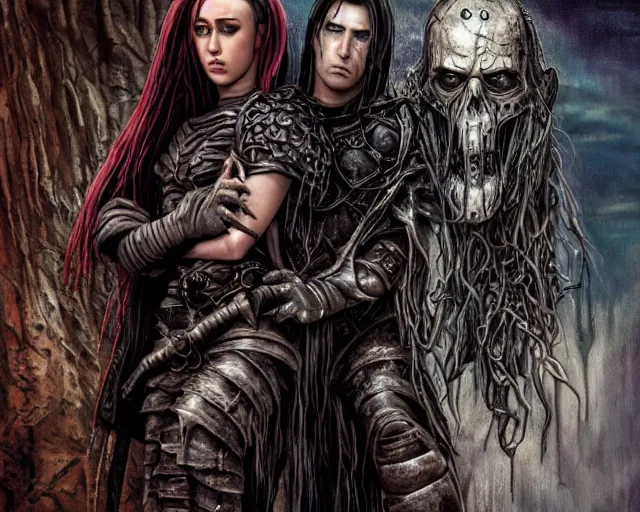 Prompt: An epic fantasy comic book style portrait painting of very imposing Industrial goths Trent Reznor and Miley Cyrus in Waterworld (1995), character design by Mark Ryden and Pixar and Hayao Miyazaki, unreal 5, DAZ, hyperrealistic, octane render, cosplay, RPG portrait, dynamic lighting, intricate detail, summer vibrancy, cinematic