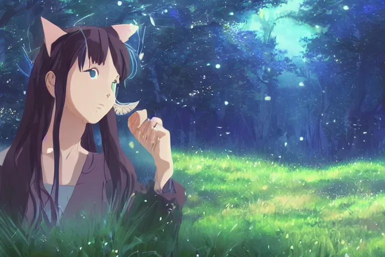 Prompt: female mage with cat ears in a summer forest, detailed attractive face, fantasy art, anime style, by makoto shinkai, by studio ghibli, atmospheric, vector art, 4 k film still, close up portrait