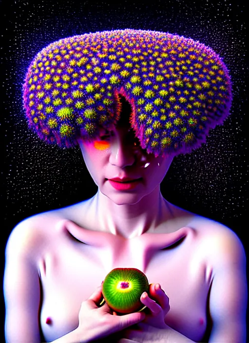 Image similar to hyper detailed 3d render like a Oil painting - Aurora (Singer) Eats of the Strangling Fruit of penance open eyes and Her Hands full of gossamer polyp blossoms bring iridescent fungal flowers whose spores black the foolish stars by Jacek Yerka, Mariusz Lewandowski, Houdini algorithmic generative render, Abstract brush strokes, Masterpiece, Edward Hopper and James Gilleard, Zdzislaw Beksinski, Mark Ryden, Wolfgang Lettl, hints of Yayoi Kasuma, octane render, 8k