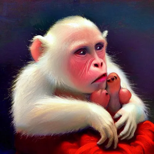 Image similar to magical scene. the sweet old very fat baby white monkey, red lips, blue eyes, is in love with her fancy beautiful colorful white fish. close up. clear face. subsurface scattering shiny skin. cinematic scene. glossy. highly detailed, color harmony, art station, ornate, caravaggio style. 3 d, beautiful lighting, old photography