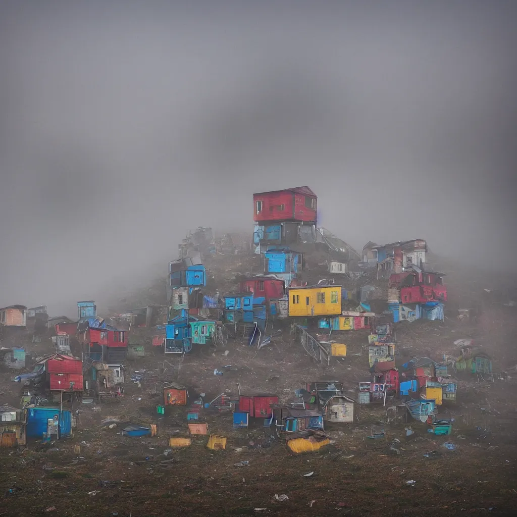 Image similar to two towers, made up of colourful makeshift squatter shacks, uneven fog, dystopia, sony a 7 r 3, f 1 1, fully frontal view, photographed by jeanette hagglund