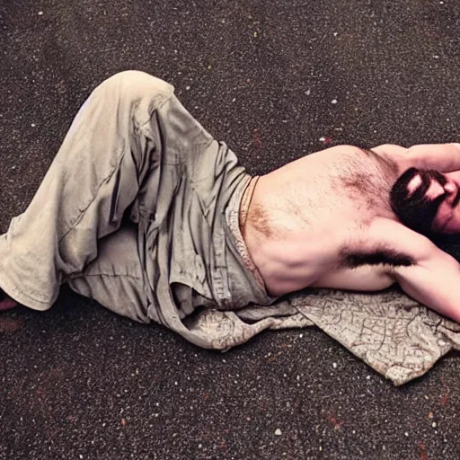 Prompt: drunken jesus sleeps on the ground