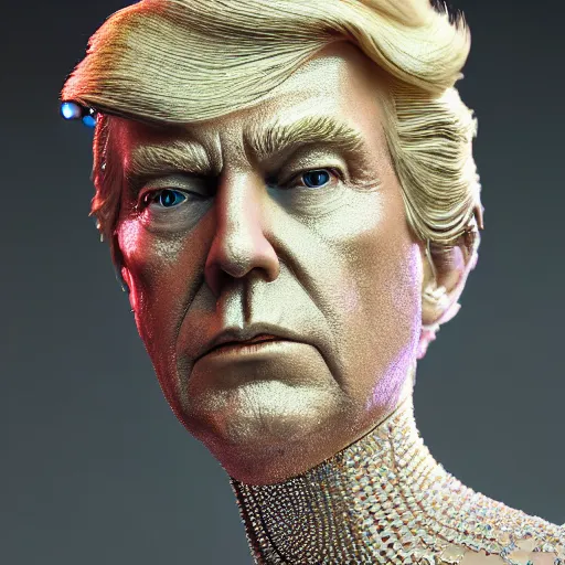 Image similar to donald trump full body detailed, ethereal, biomechanical, covered in diamonds and other gems glowing, highly detailed face, elegant posed, intricate, extremy detailed, beeple, cgsociety, 3 d unreal engine octane render. cinematic lighting, highly detailed 4 k art