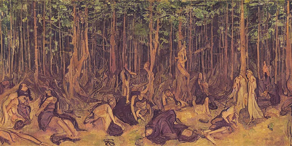 Image similar to oil painting huge spider with witches in forest by ferdinand hodler