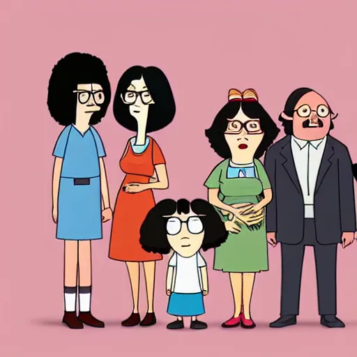 Prompt: a family portrait of bob, tina, gene, louise, and linda belcher, background is a diner counter