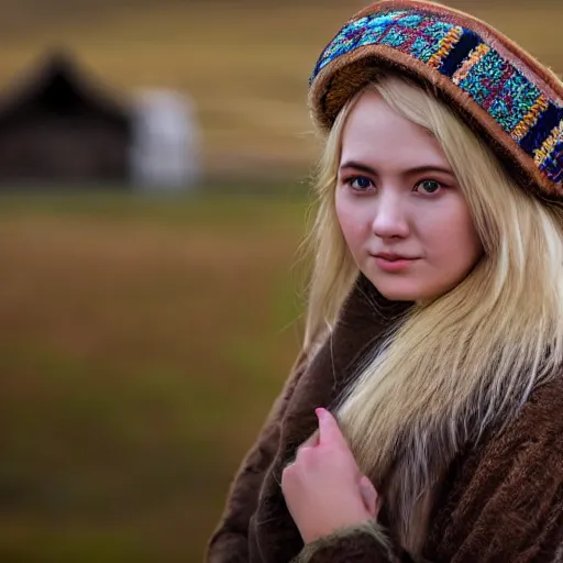 Image similar to portrait photograph shot on petzval lens of an extremely beautiful!!!! young blonde female with symmetric face posing. with a very detailed barn owl!!!!! on her shoulder. wearing mongolian traditional outfit in iceland. shallow depth of field. featured on flickr, art photography,