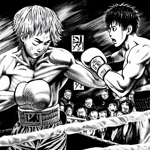 Prompt: a boxing match, manga style, masterpiece, by joji morikawa, by kentaro miura, 4 k wallpaper, ink and screentone