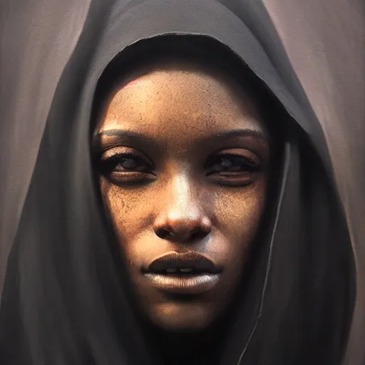 Image similar to a portrait of a young black woman wearing a long dark cloak, hood and shadows covering face, anatomically correct, beautiful perfect face, enigmatic, oil painting, matte painting, black background, Volumetric dynamic lighting, Highly Detailed, Cinematic Lighting, Unreal Engine, 8k, HD, by Beksinski