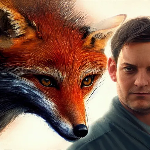 Image similar to tobey maguire and a red fox, intricate, highly detailed, digital painting, artstation, concept art, smooth, sharp focus, illustration, unreal engine 5, 8 k, art by artgerm and greg rutkowski and alphonse mucha