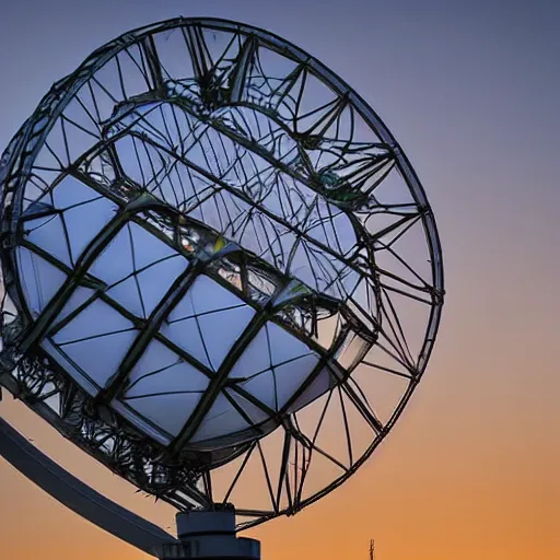 Prompt: Jodrell Bank radio telescope dish at sunset photographed across the Cheshire plane with a telephoto lens