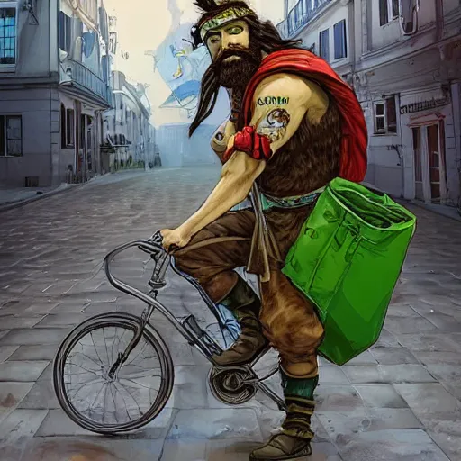 Prompt: a bearded and long haired bicycle food delivery worker with a green bag on his back in rossio lisbon, he has boots, epic fantasy style art by kim jung gi, fantasy epic digital art