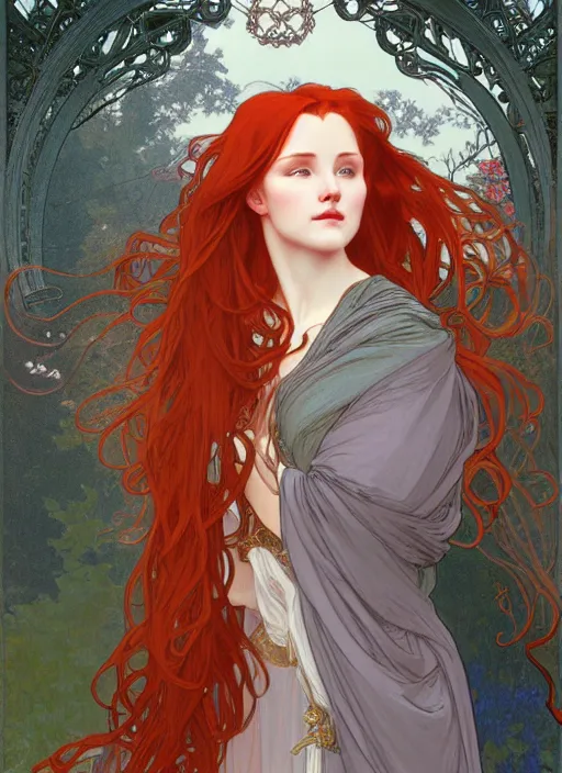 Image similar to beautiful young woman with long red hair watches the sunrise while wearing a grey cloak and hood, path traced, highly detailed, high quality, digital painting, by alphonse mucha, disney