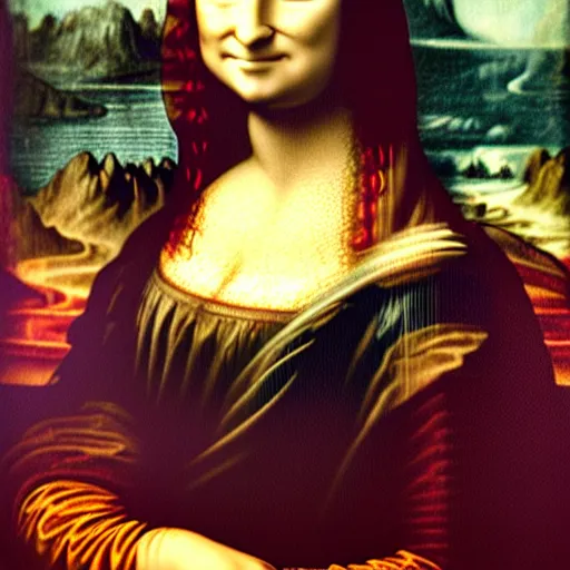 Prompt: Stunning studio photograph of Mona Lisa in a red dress smiling slightly for the camera, XF IQ4, f/1.4, ISO 200, 1/160s, 8K, RAW, unedited, symmetrical balance, in-frame, sharpened