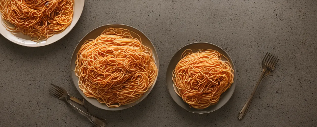 Prompt: one single bowl of spaghetti, beautifully garnished on a kitchen table, minimal, sharply focused, canon 5 0 mm, wes anderson film, kodachrome