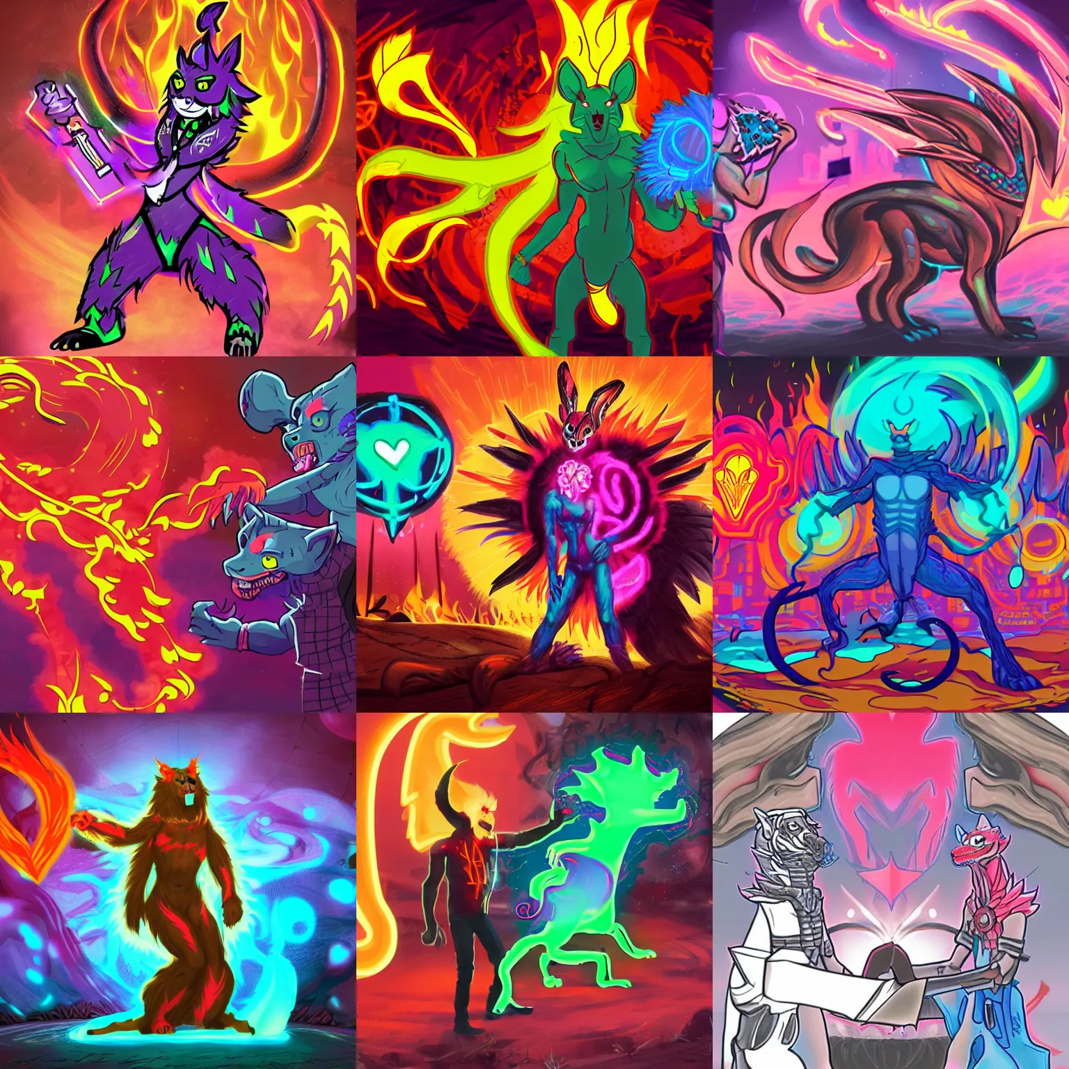 Prompt: sound surgeon of a neon apocalyse, firebrand calling unto the blazing heart, a fursona, with tail