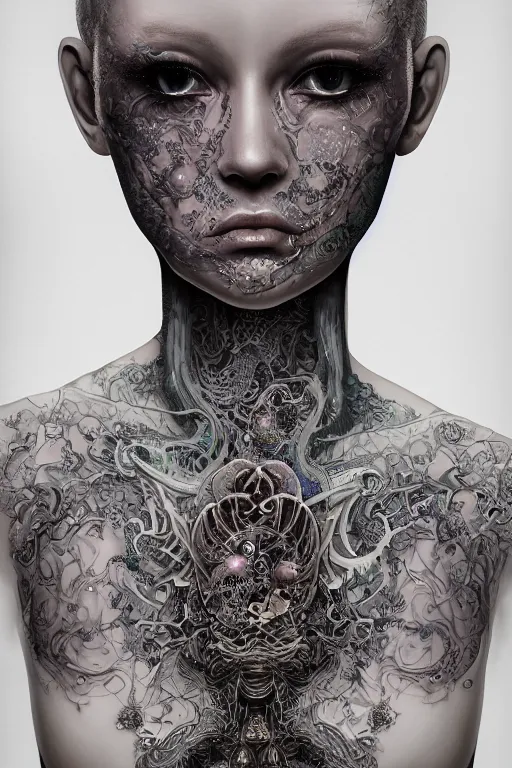 Image similar to A fractal Mesmerizing 8k hyperrealistic Photo Portrait of a pale skinned human with a tattoo by Joe Fenton that is transforming into iridescent geometry, cyberpunk, Surrounded by Mist, highly detailed, intricate, sci-fi, sharp focus, art by Ayami Kojima, Daytoner, Greg Tocchini, James Jean,Yoshitaka Amano. Subsurface scattering. Octane Render.