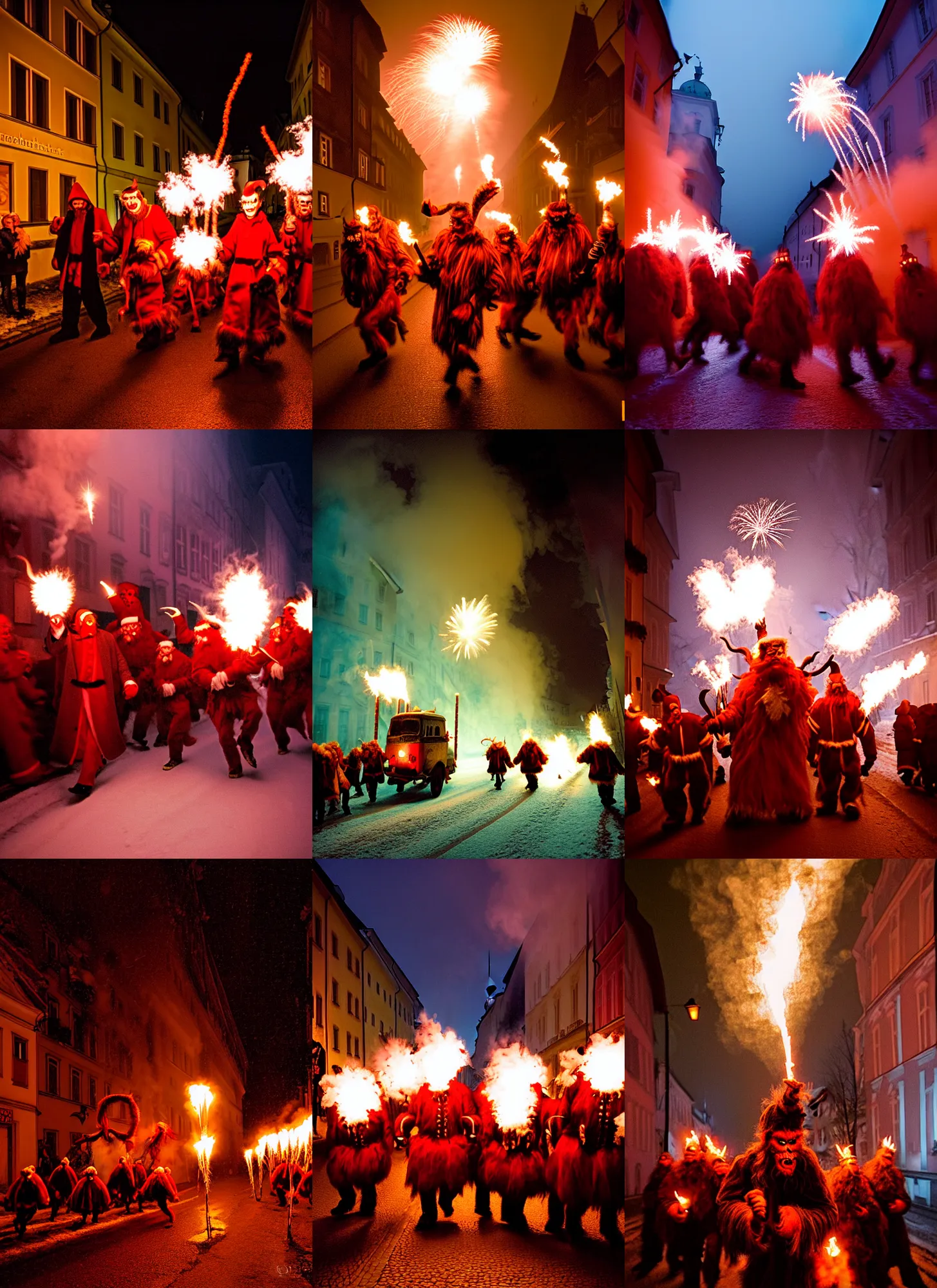 Image similar to kodak portra 4 0 0, winter, hellfire, award winning dynamic photograph of a bunch of hazardous krampus by robert capas, motion blur, in a narrow lane in salzburg at night with colourful pyro fireworks and torches