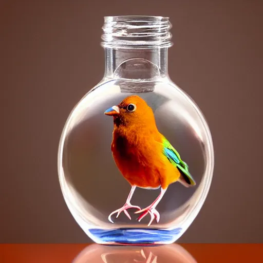 Image similar to bird in a bottle, award winning photography, hyper realistic, 4 k